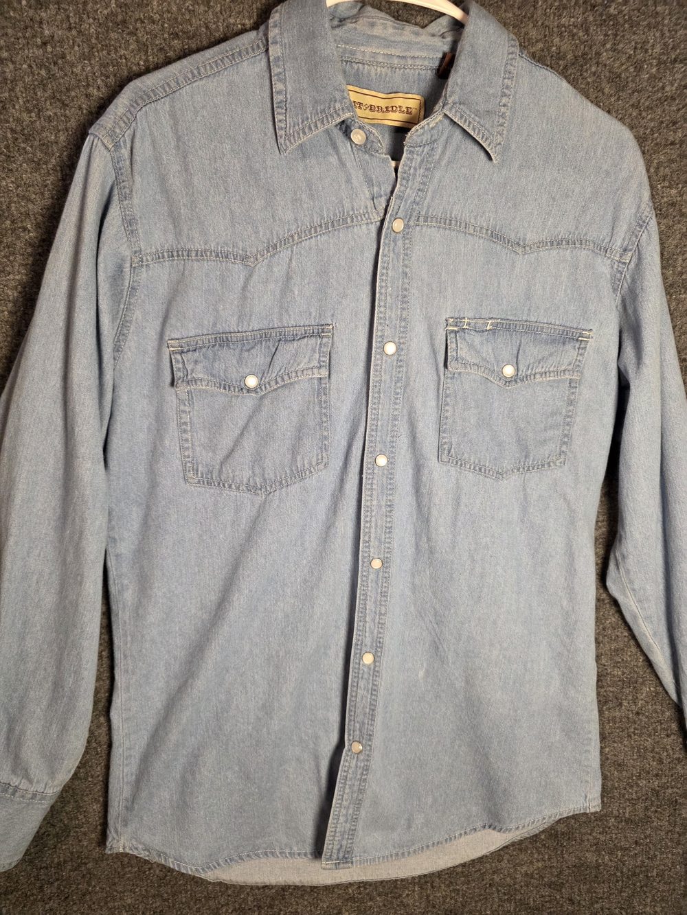 Bit & Bridle Denim Pearl Snap Shirt Womens M Light Wash Western Cowgirl Cotton